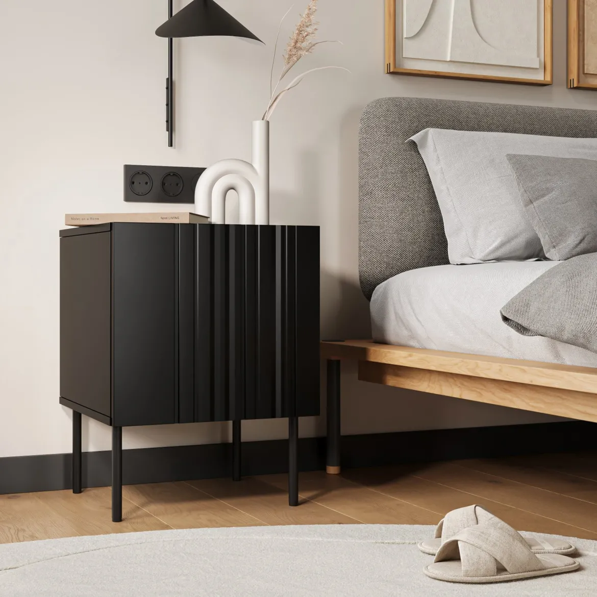Comodino Nero Cassetti un Ripiano 59x42x44.5h cm, Un'anta - Russi