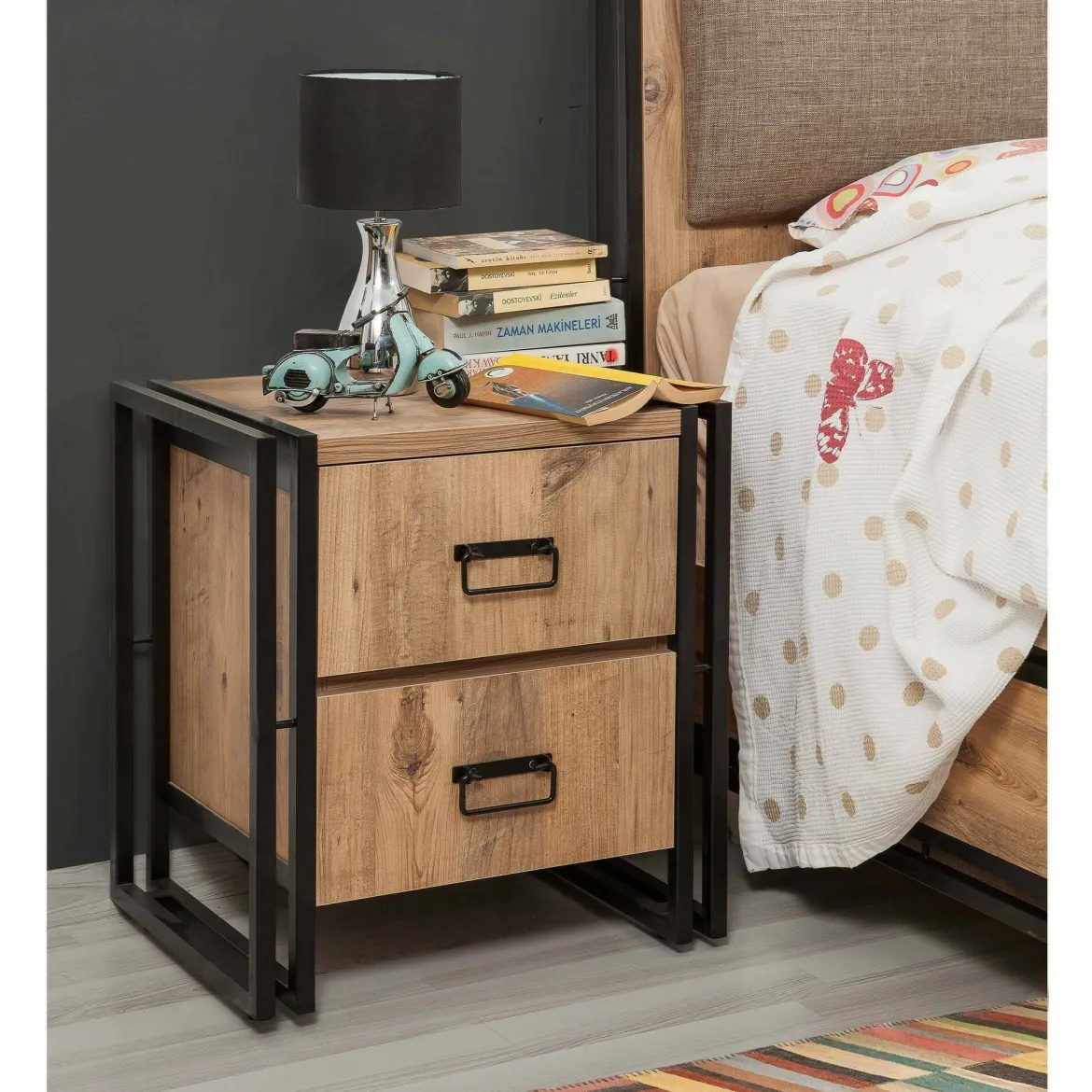 Comodino 1 ripiano quercia e nero 52x40x55h cm - Pantaleon