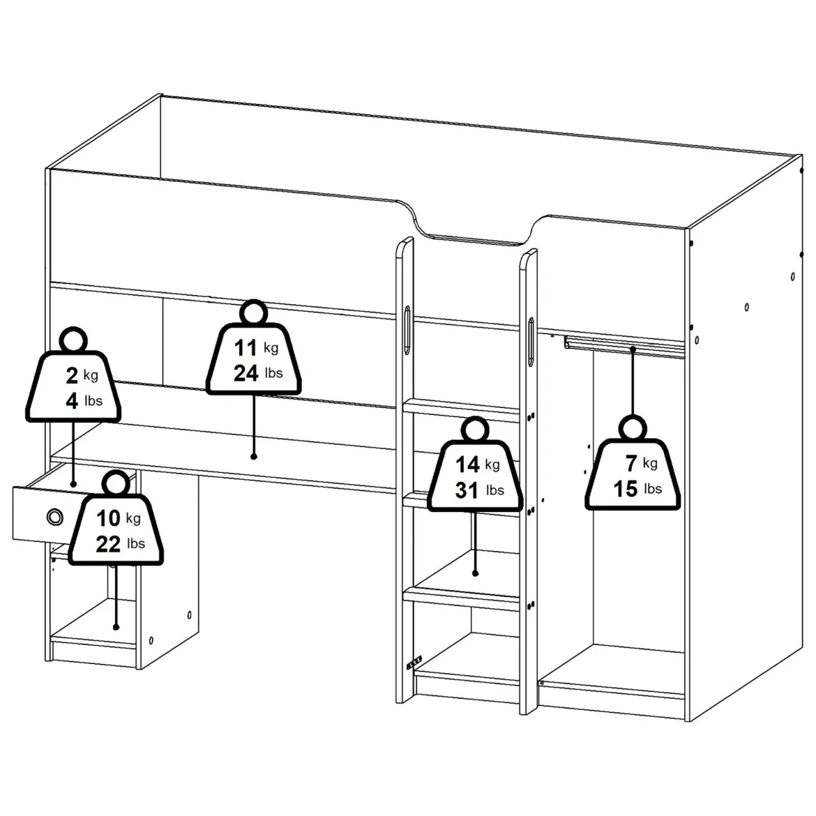 Composizione Camera da Letto Bianco un Cassetto Dimensione Materasso 90x200 cm 203x104x150h cm, Compatto Multiuso - Laliso