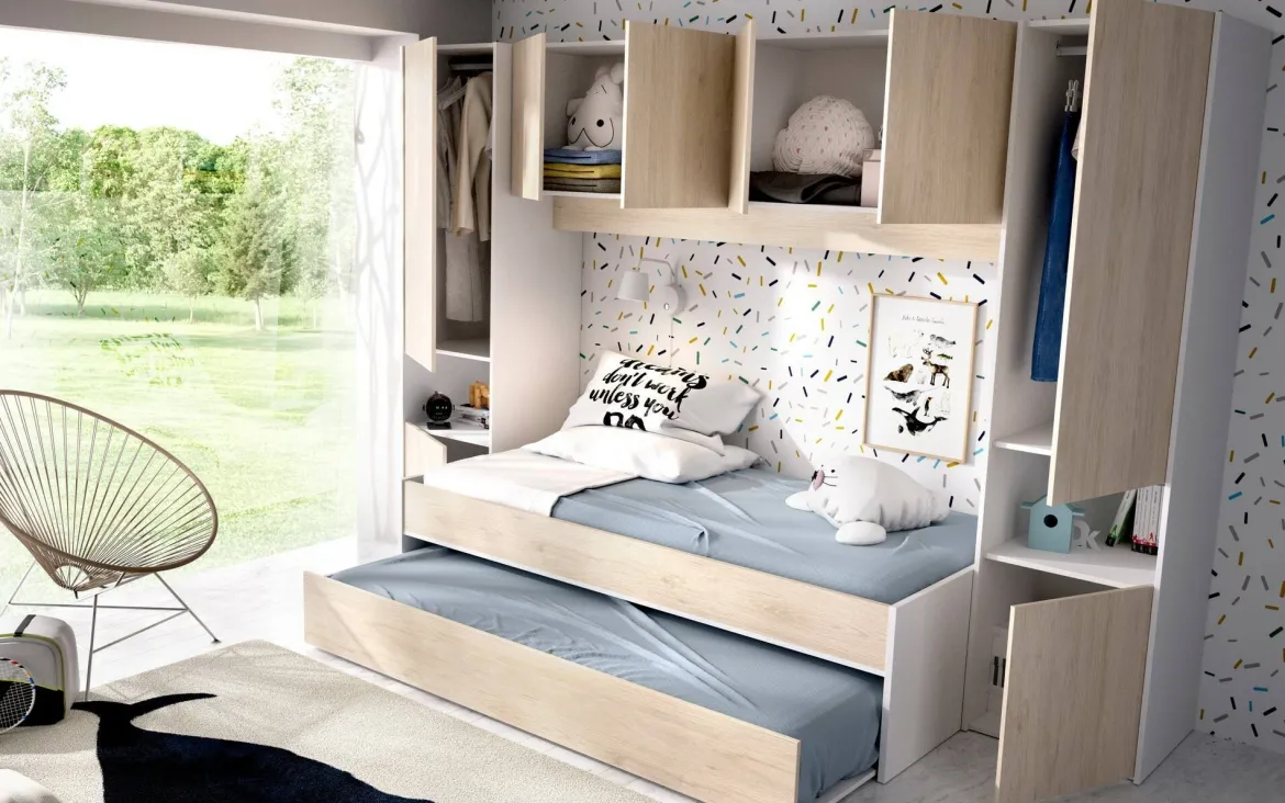 Composizione camera da letto Giustizia, 303x97h203 cm, Rovere e Bianco
