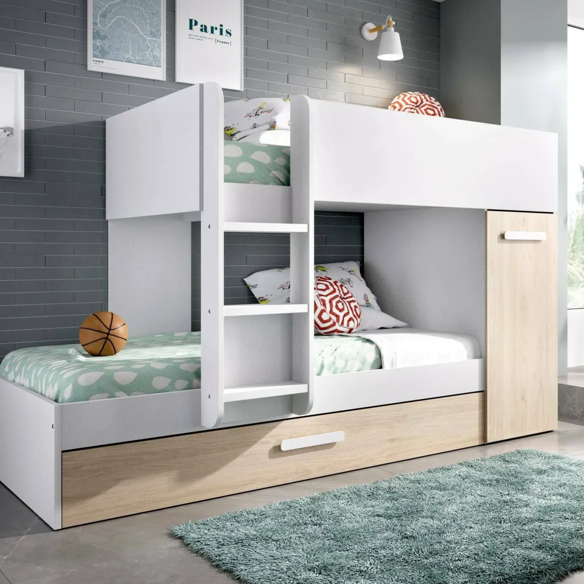 Composizione camera da letto Keli, 245x110 h150 cm, Bianco e Rovere Nodi