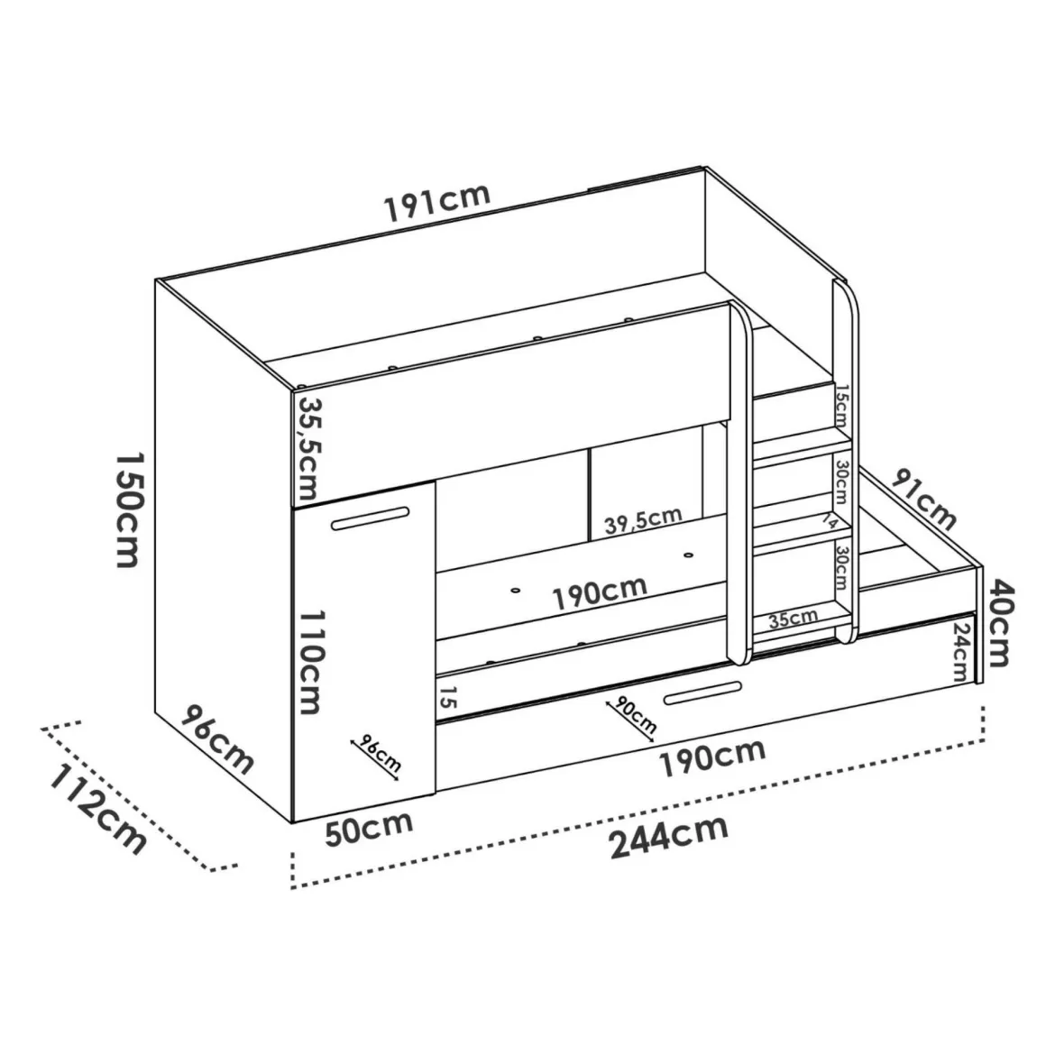 Composizione camera da letto Keli, 245x110 h150 cm, Bianco e Rovere Nodi
