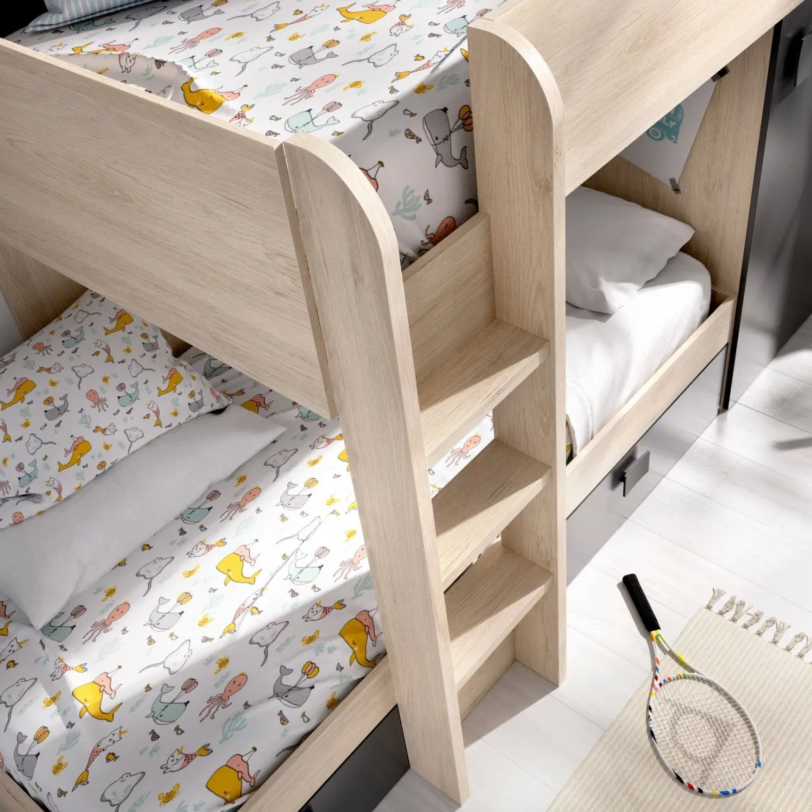 Composizione camera da letto Pinus, 246x112 h150 cm, Bianco e Rovere