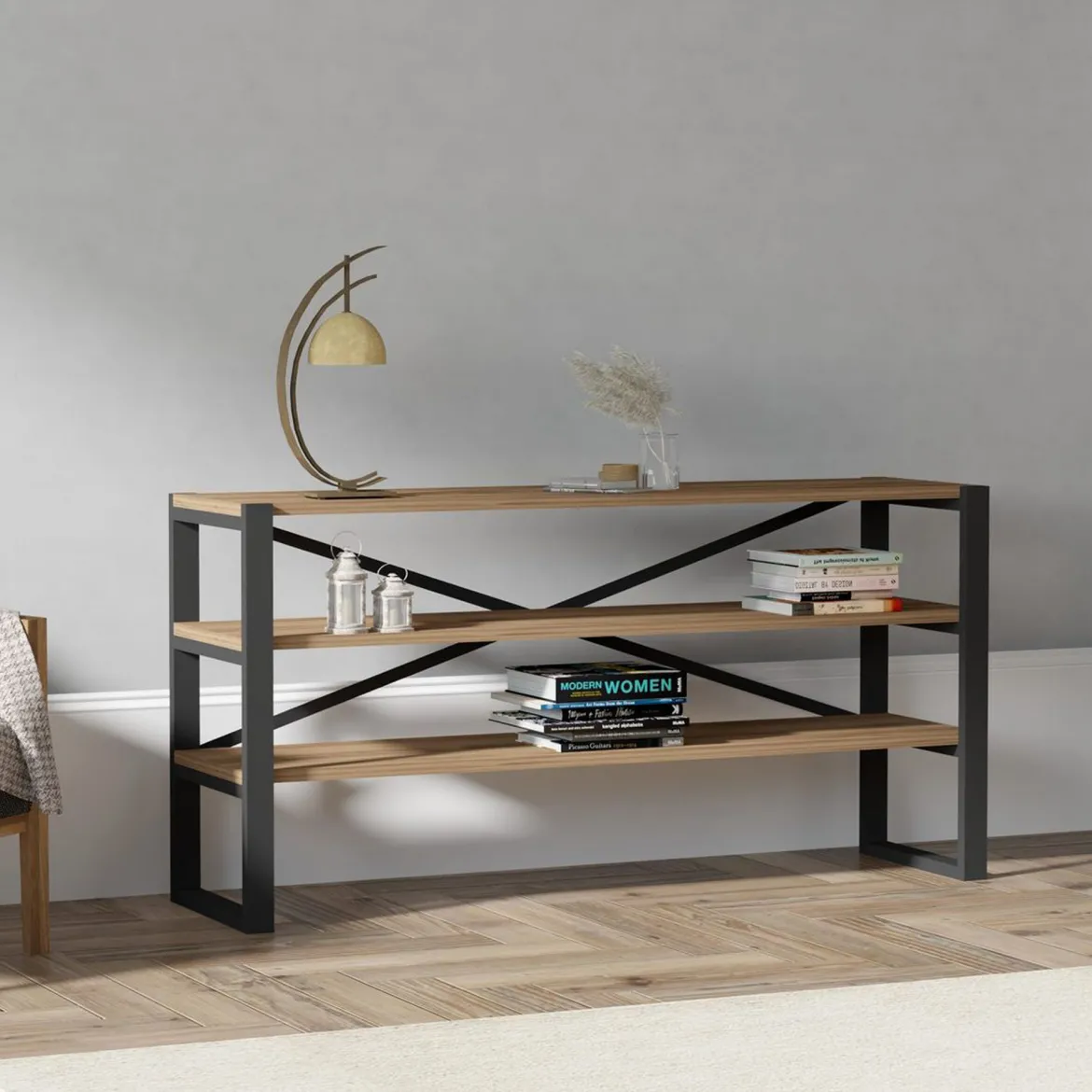 Consolle Marrone Noce Nero 2 Ripiani 2 Vani 120x32x59h cm, Colore Ripiano Marrone - Envie
