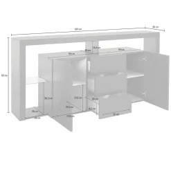 Credenza Aba, 180x40h80 cm, Bianco lucido