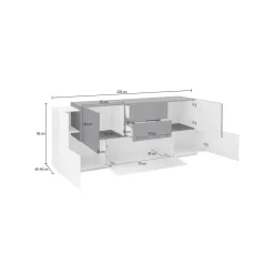 Credenza Akirum, cm 220x45h86, Bianco lucido e Ardesia