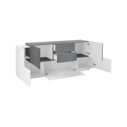 Credenza Akirum, cm 220x45h86, Bianco lucido e Ardesia