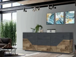 Credenza Almira, cm 220x43h86, Ardesia e Acero