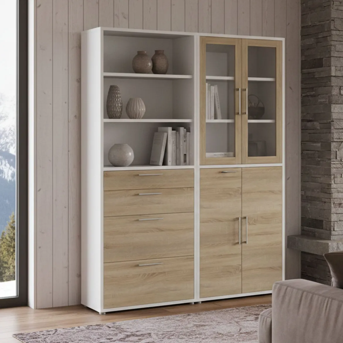 Credenza alta bianca e quercia 178x40x221h cm 4 ante e 4 cassetti - Embabane