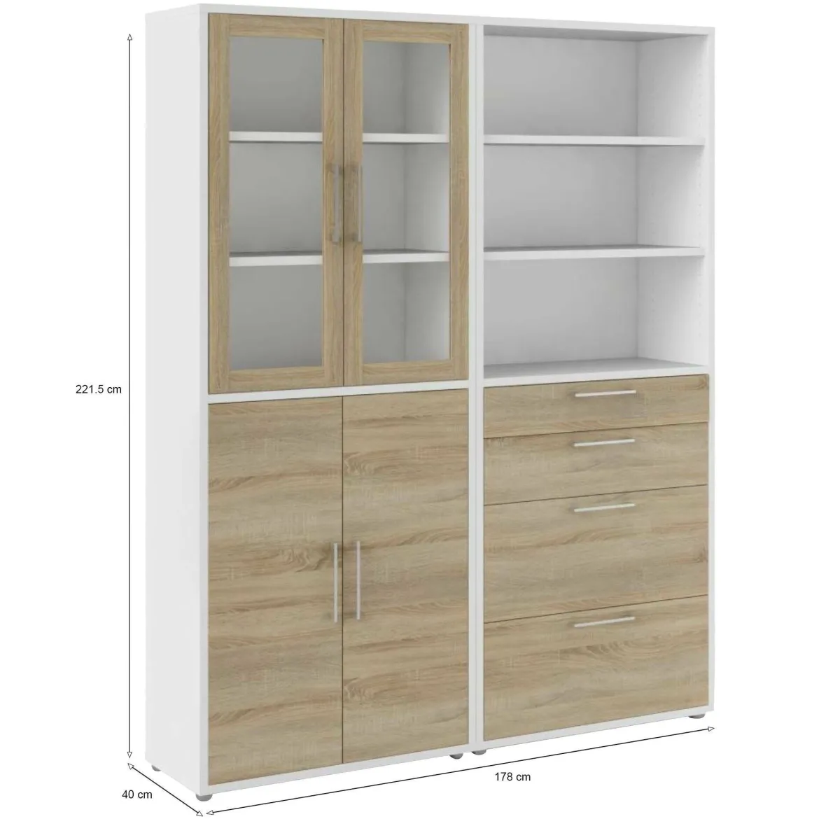 Credenza alta bianca e quercia 178x40x221h cm 4 ante e 4 cassetti - Embabane