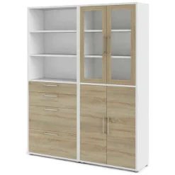 Credenza alta bianca e quercia 178x40x221h cm 4 ante e 4 cassetti - Embabane