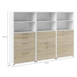 Credenza alta bianca e quercia 267x40x221h cm 2 ante e 4 cassetti - Acceglio