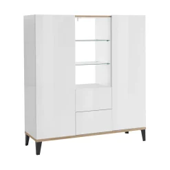 Credenza alta bianco lucida e acero 120x40x132h cm 2 ante e 2 cassetti - Scirocco