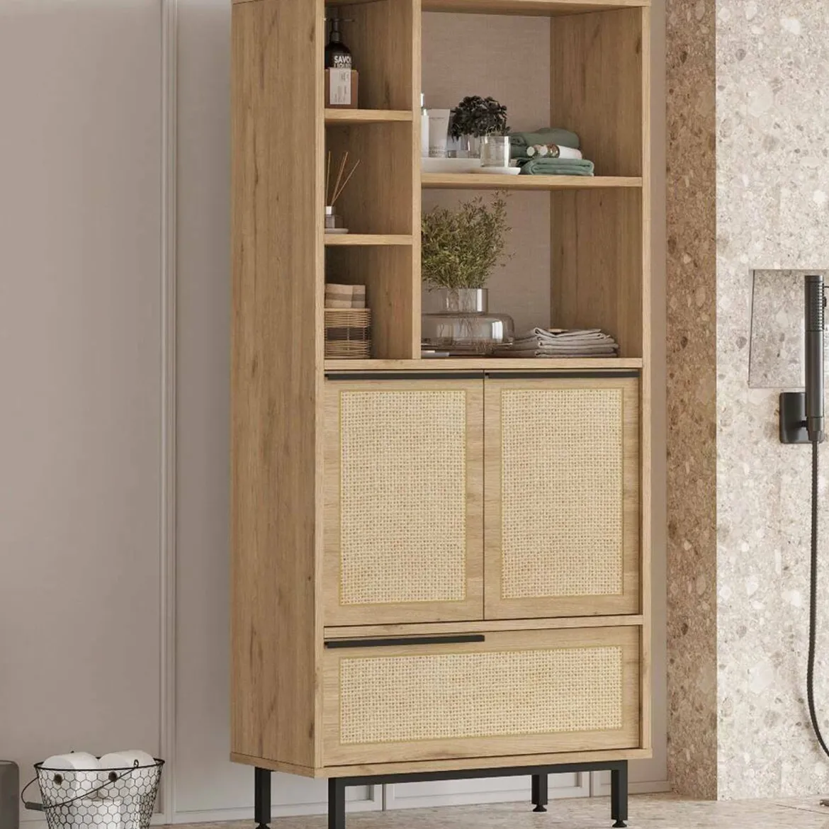 Credenza alta noce e quercia 74x35x161h cm 2 ante - Vinta