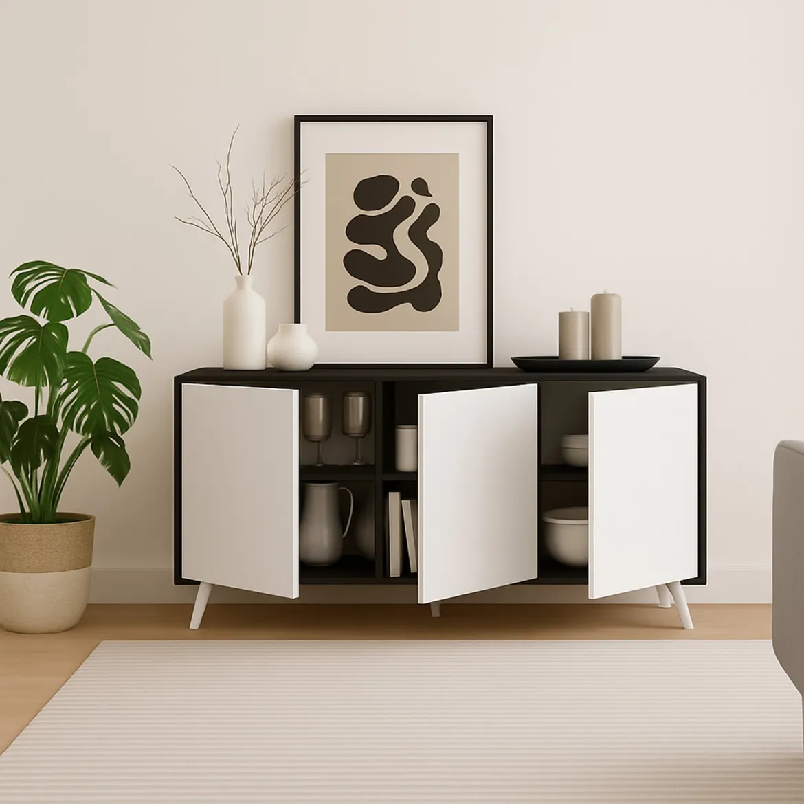 Credenza antracite e bianca 153x39x72h cm 3 ante - Annina