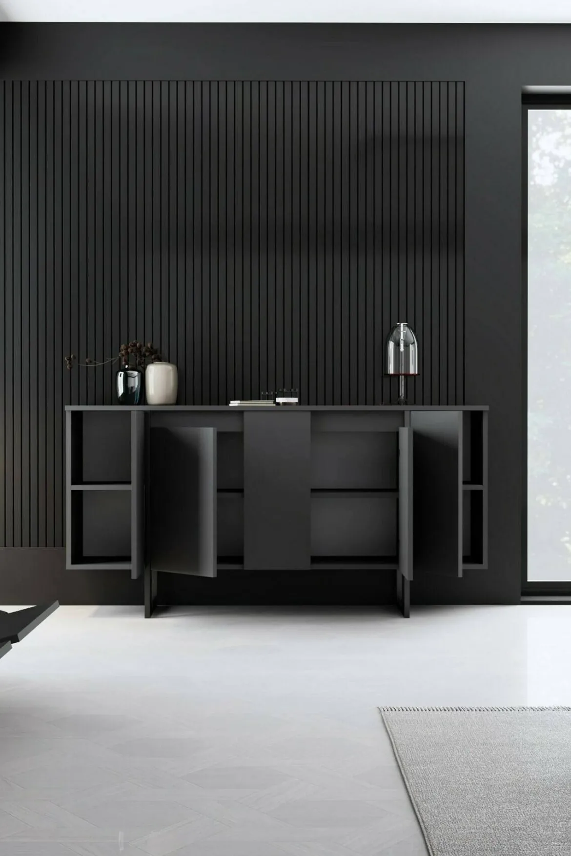 Credenza antracite e nera moderna 160x35x80h cm 4 ante - Arta