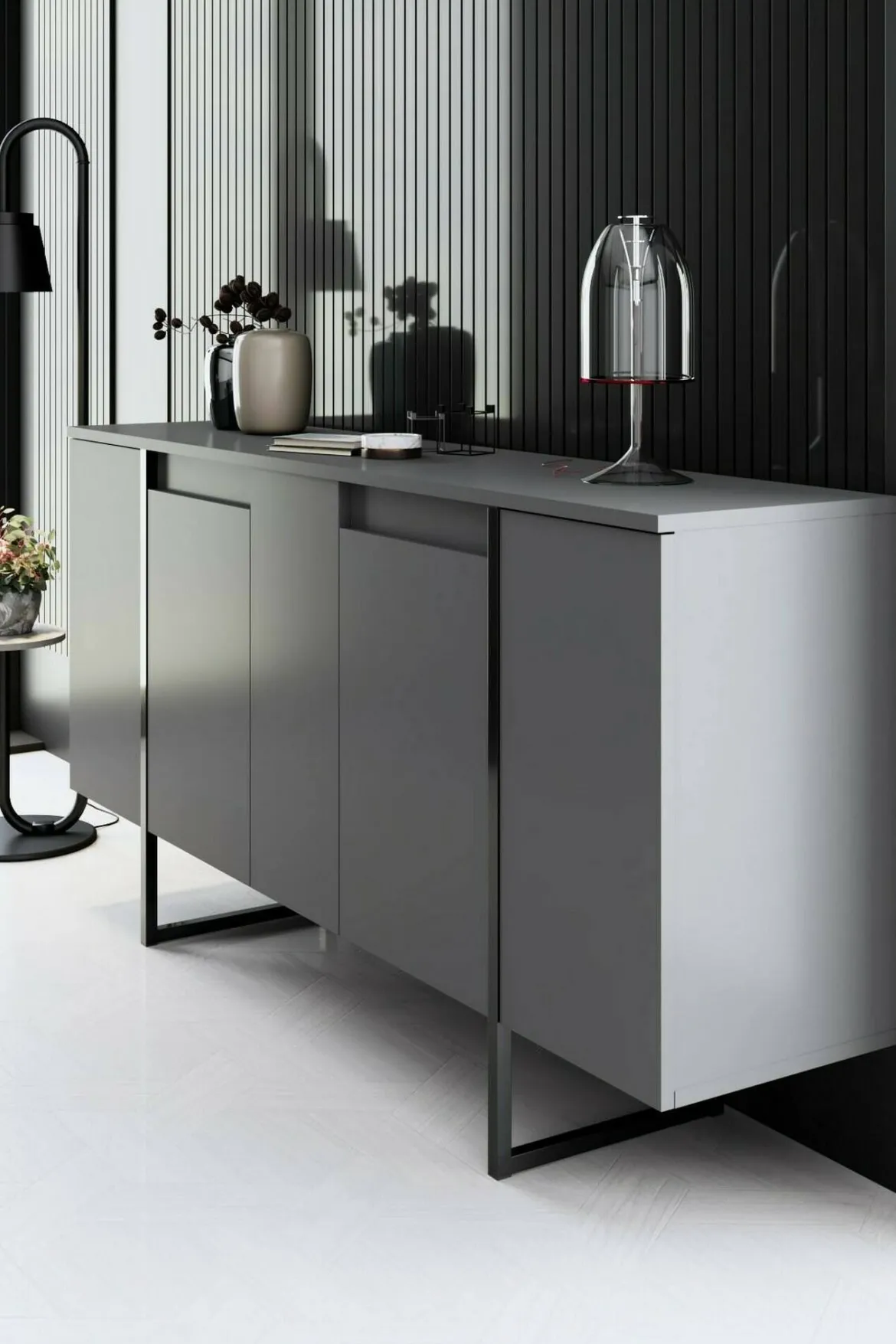Credenza antracite e nera moderna 160x35x80h cm 4 ante - Arta