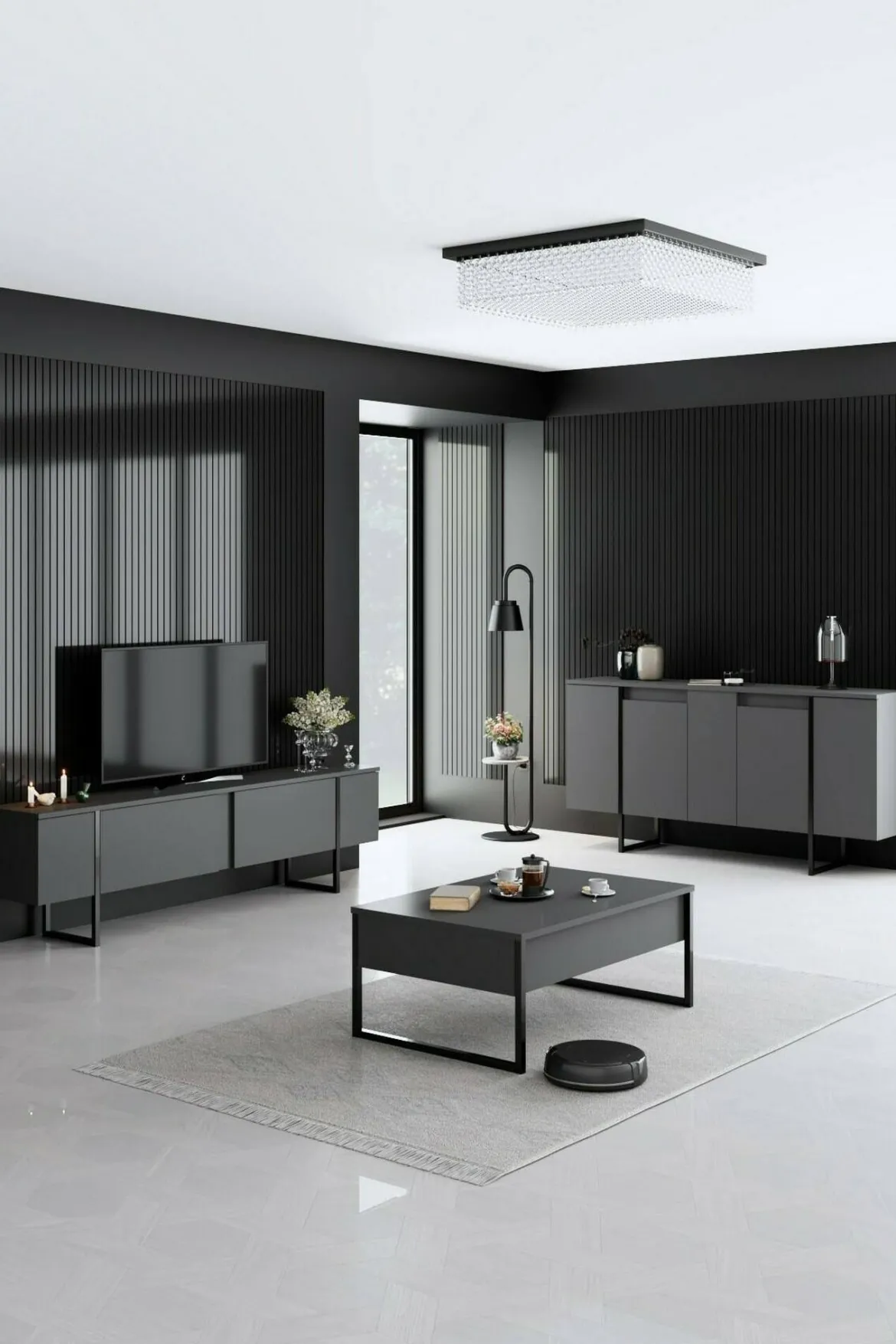 Credenza antracite e nera moderna 160x35x80h cm 4 ante - Arta