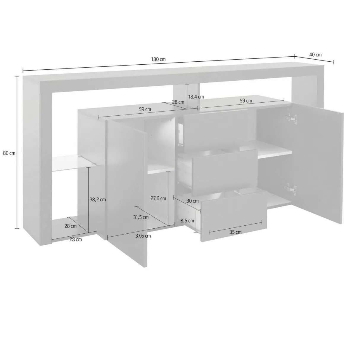Credenza antracite 180x44x86h cm 2 ante e 3 cassetti - Avelignese
