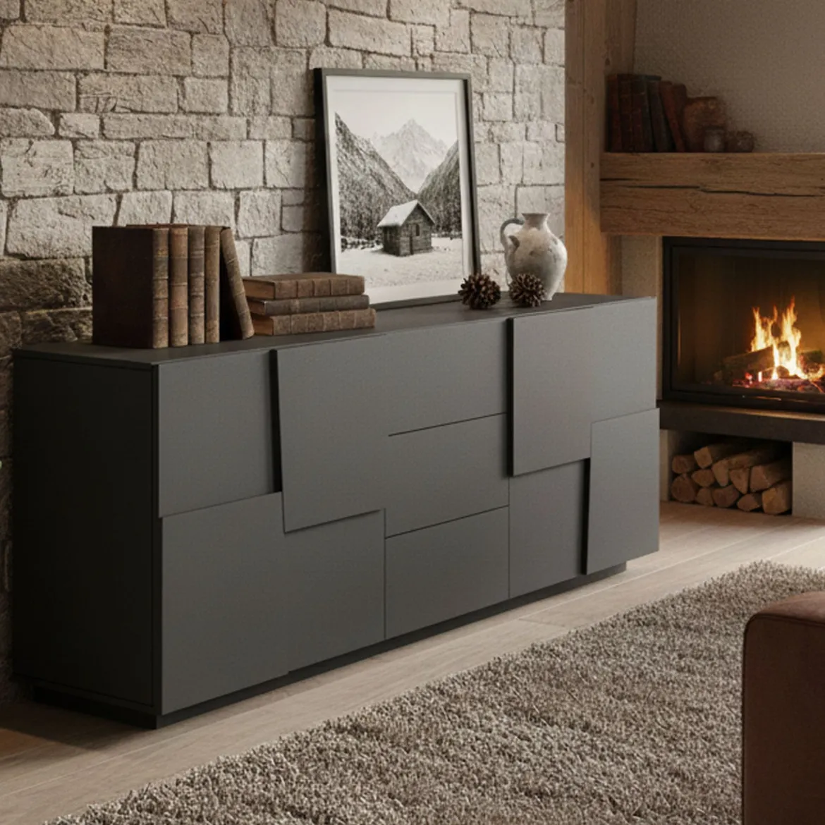 Credenza antracite 220x44x86h cm 4 ante e 3 cassetti - Astel