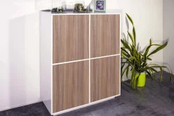 Credenza Ara, cm 100x41h126, Bianco lucido e Noce