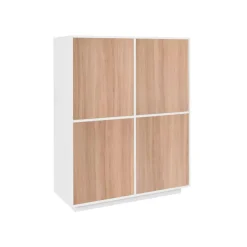 Credenza Ara, cm 100x41h126, Bianco lucido e Noce