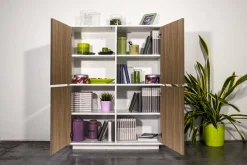 Credenza Ara, cm 100x41h126, Bianco lucido e Noce