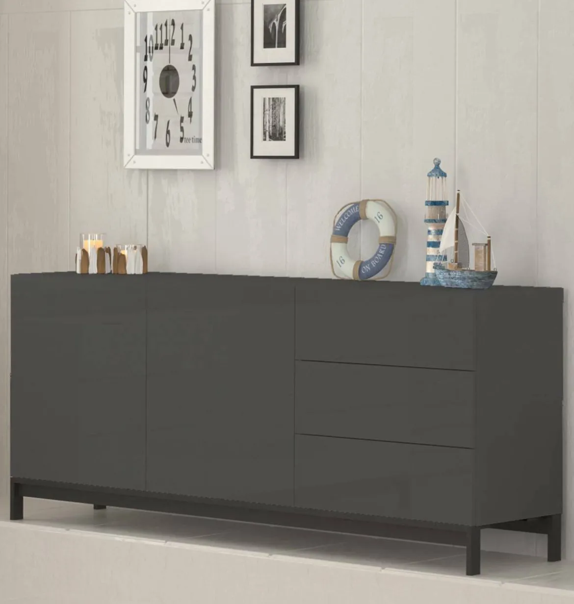 Credenza bassa antracite lucida 170x40x60h cm 3 ante e 1 cassetto - Arina