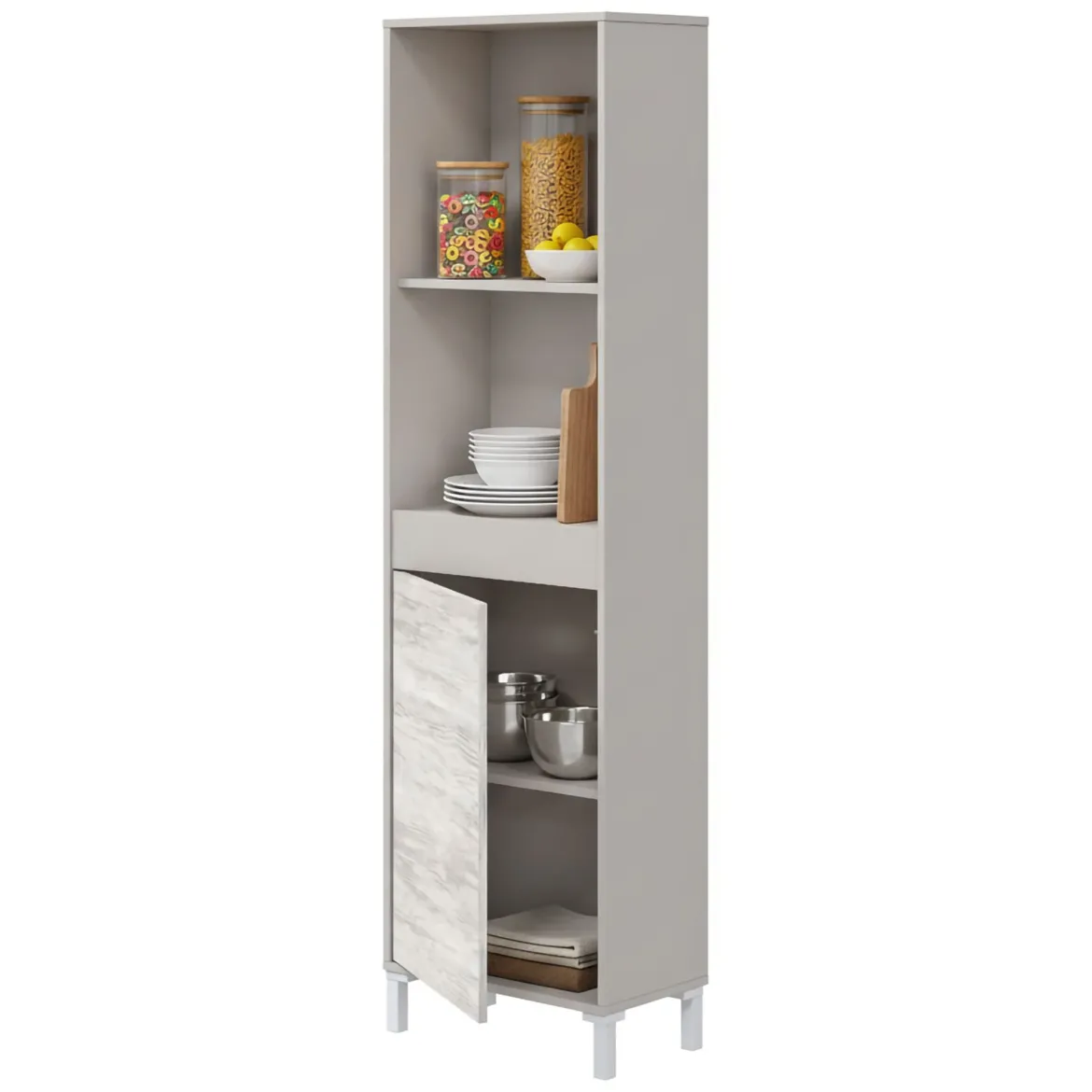 Credenza Beige Bianco Anticato Cassetti 3 Ripiani 49x28x174h cm, Apertura Push Pull - Spineda