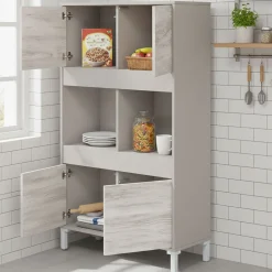 Credenza Beige Bianco Cassetti 3 Ripiani 78x33x134h cm, Apertura Push Pull - Mezzate