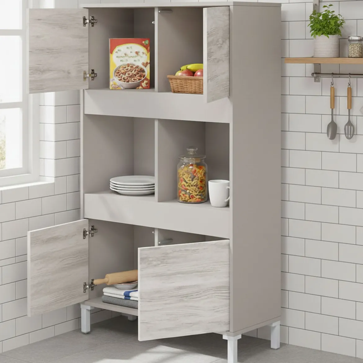 Credenza Beige Bianco Cassetti 3 Ripiani 78x33x134h cm, Apertura Push Pull - Mezzate