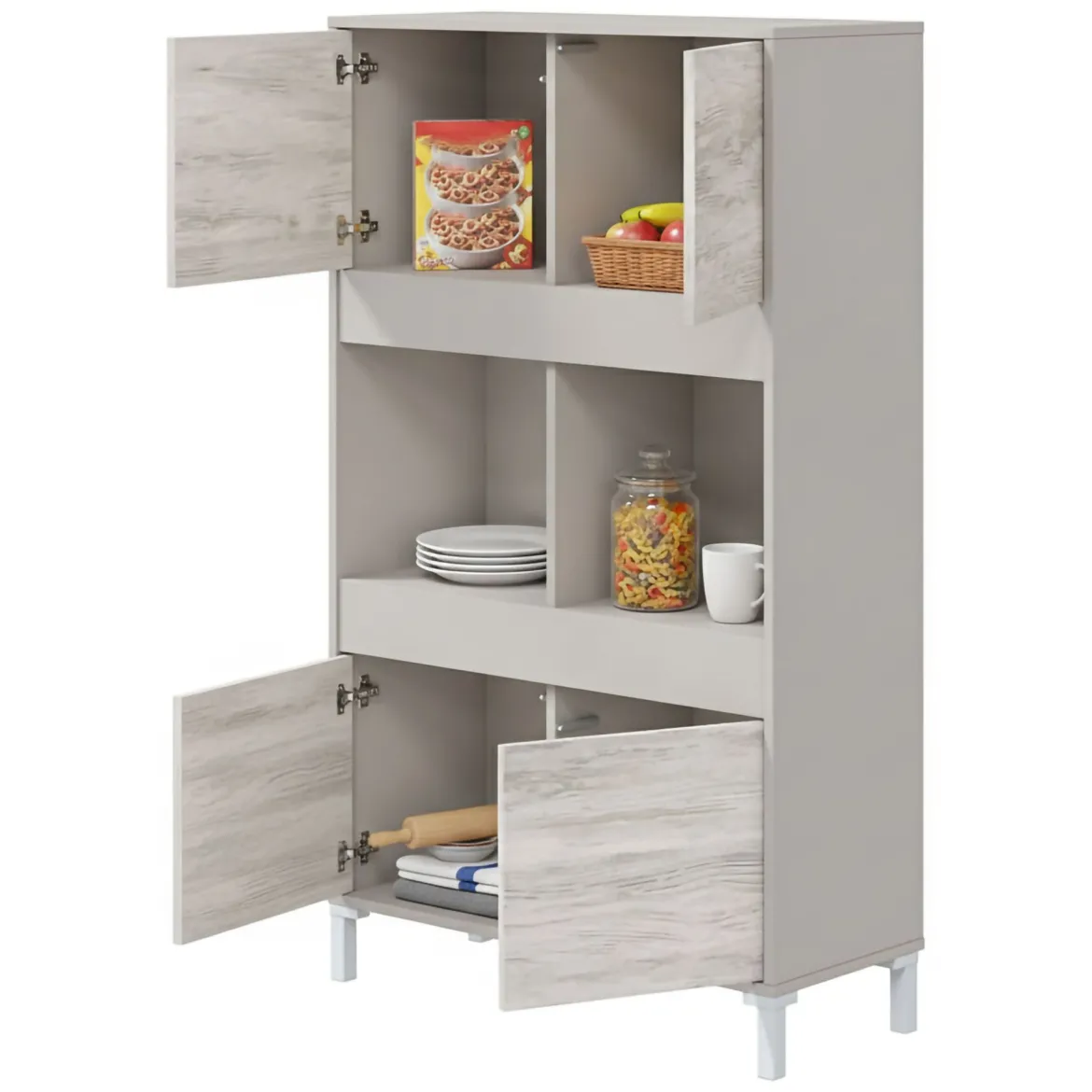 Credenza Beige Bianco Cassetti 3 Ripiani 78x33x134h cm, Apertura Push Pull - Mezzate