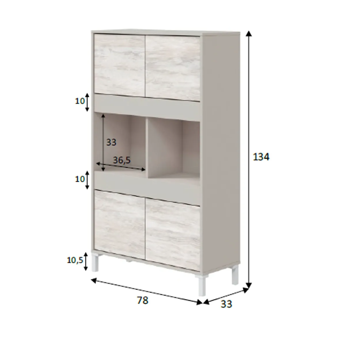 Credenza Beige Bianco Cassetti 3 Ripiani 78x33x134h cm, Apertura Push Pull - Mezzate