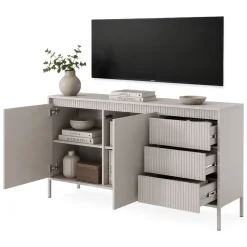 Credenza Beige 3 Cassetti 2 Ripiani 154x40x81h cm, Apertura Battente, Scorrevole - Hatomo