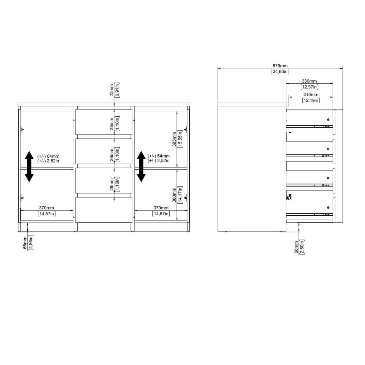 Credenza Beige 4 Cassetti 2 Ripiani 121x50x91h cm, Apertura Battente, Scorrevole - Angelika