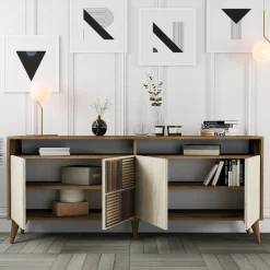 Credenza Beige Marmo Marrone Marmo 2 Ripiani 4 Ante 180x35x78h cm, 6 Vani - Roattos