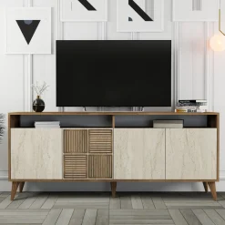 Credenza Beige Marmo Marrone Marmo 2 Ripiani 4 Ante 180x35x78h cm, 6 Vani - Roattos