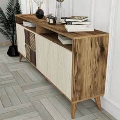Credenza Beige Marmo Marrone Marmo 2 Ripiani 4 Ante 180x35x78h cm, 6 Vani - Roattos