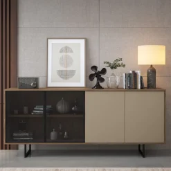Credenza Beige Marrone Noce 3 Ripiani Apertura Battente 200x40x87h cm, 4 Ante - Malnate