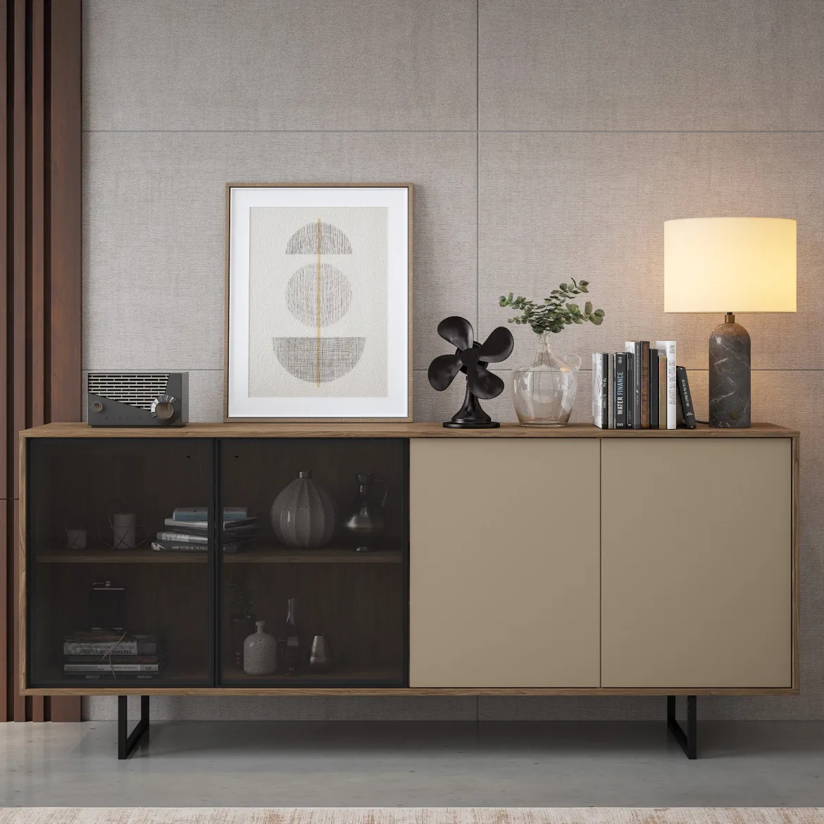 Credenza Beige Marrone Noce 3 Ripiani Apertura Battente 200x40x87h cm, 4 Ante - Rivarone