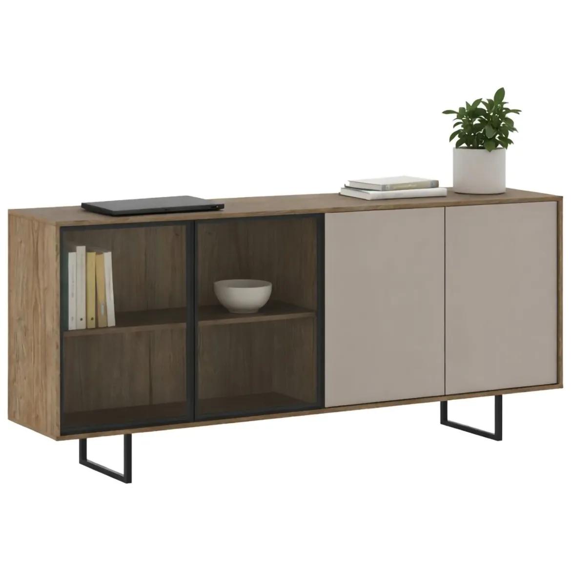 Credenza Beige Marrone Noce 3 Ripiani Apertura Battente 200x40x87h cm, 4 Ante - Rivarone
