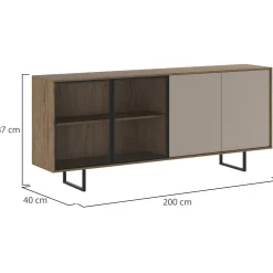 Credenza Beige Marrone Noce 3 Ripiani Apertura Battente 200x40x87h cm, 4 Ante - Rivarone