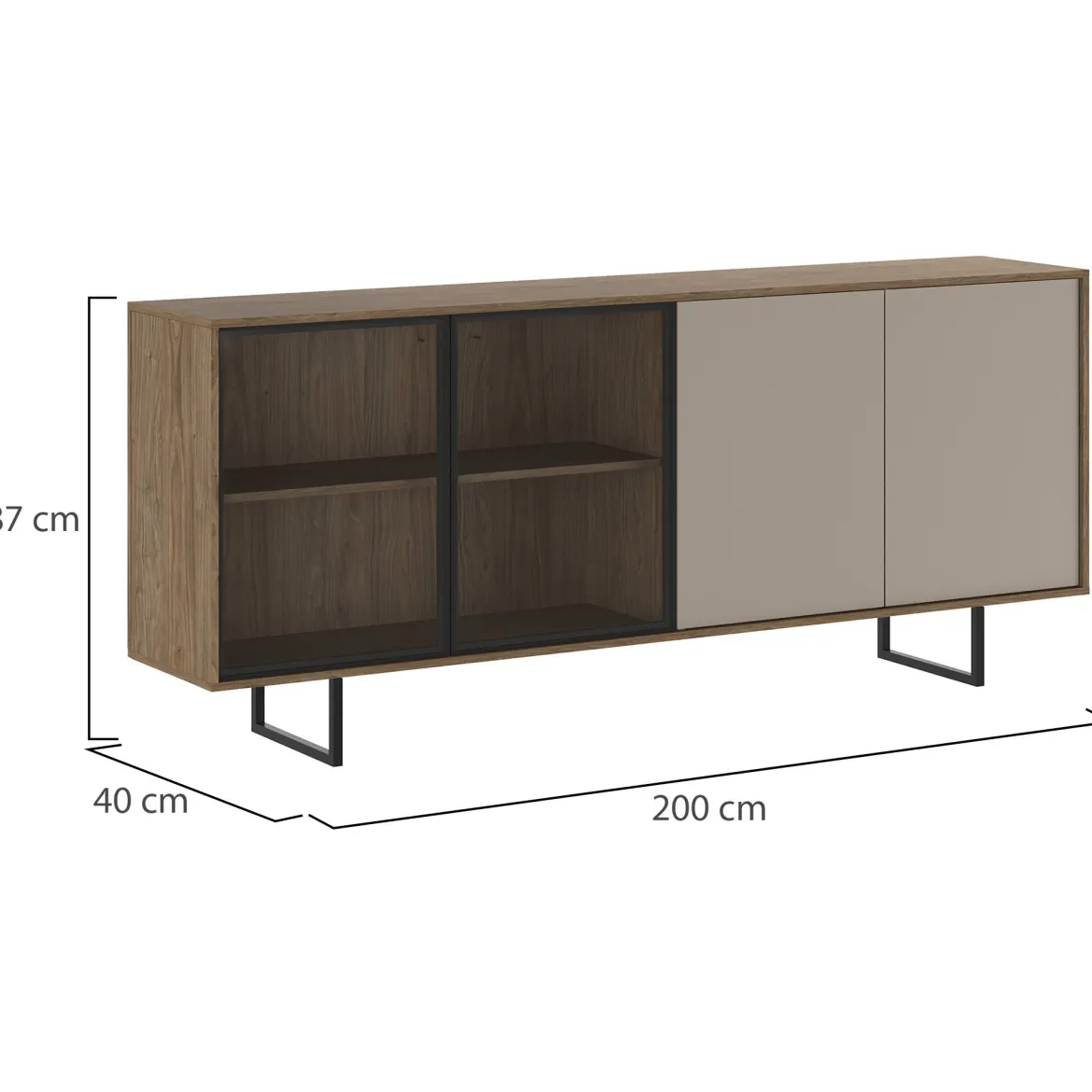 Credenza Beige Marrone Noce 3 Ripiani Apertura Battente 200x40x87h cm, 4 Ante - Rivarone
