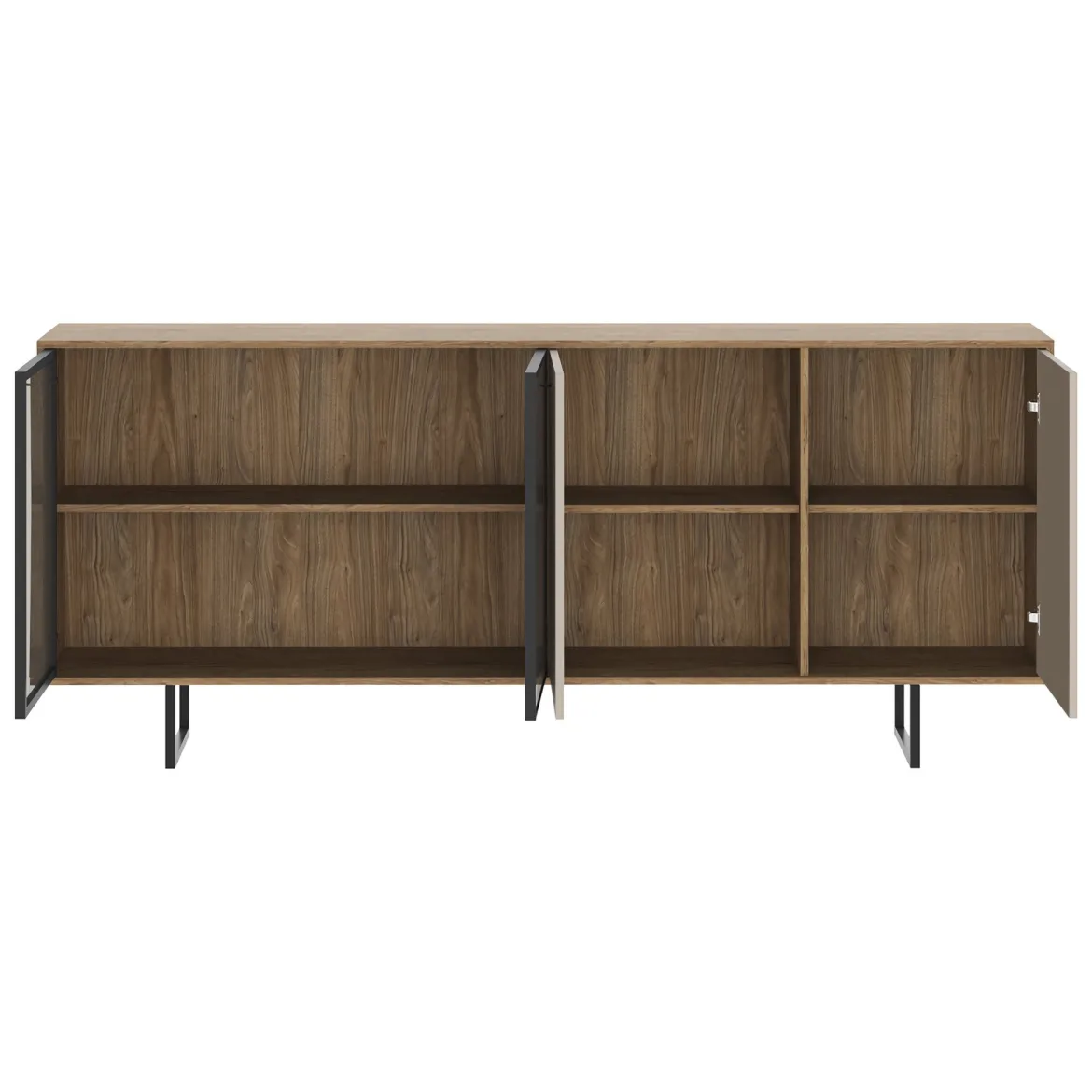 Credenza Beige Marrone Noce 3 Ripiani Apertura Battente 200x40x87h cm, 4 Ante - Rivarone