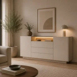 Credenza Beige Marrone Rovere 3 Cassetti 2 Ripiani 176x40x83h cm, Apertura Battente, Scorrevole - Haleli