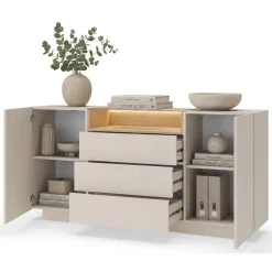 Credenza Beige Marrone Rovere 3 Cassetti 2 Ripiani 176x40x83h cm, Apertura Battente, Scorrevole - Haleli