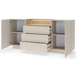 Credenza Beige Marrone Rovere 3 Cassetti 2 Ripiani 176x40x83h cm, Apertura Battente, Scorrevole - Haleli
