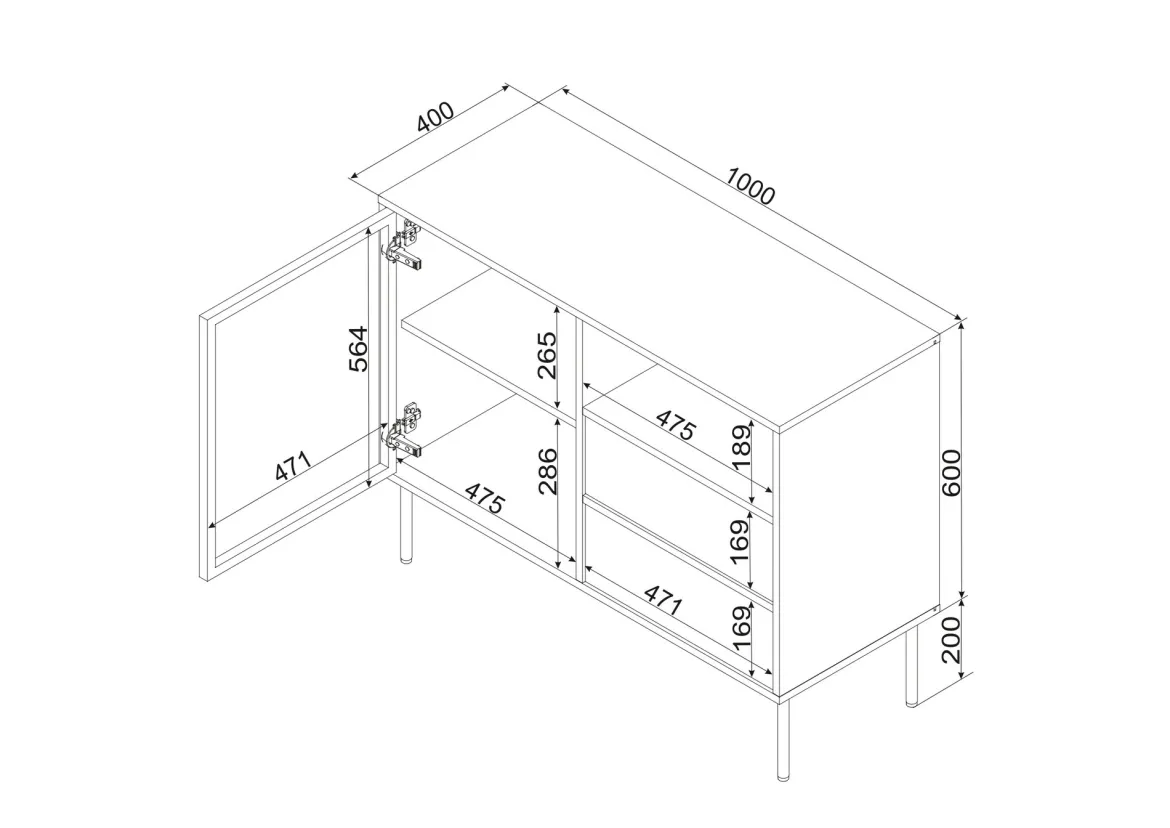 Credenza Beige Nero 2 Cassetti 2 Ripiani 100x40x80h cm, Apertura Battente, Scorrevole - Caravino