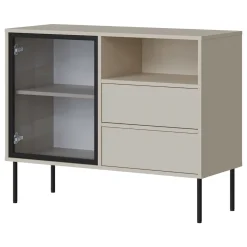 Credenza Beige Nero 2 Cassetti 2 Ripiani 100x40x80h cm, Apertura Battente, Scorrevole - Caravino