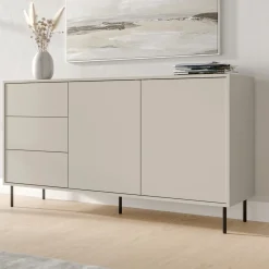 Credenza Beige Nero 3 Cassetti 2 Ripiani 150x39x80h cm, Apertura Battente, Scorrevole - Civezza